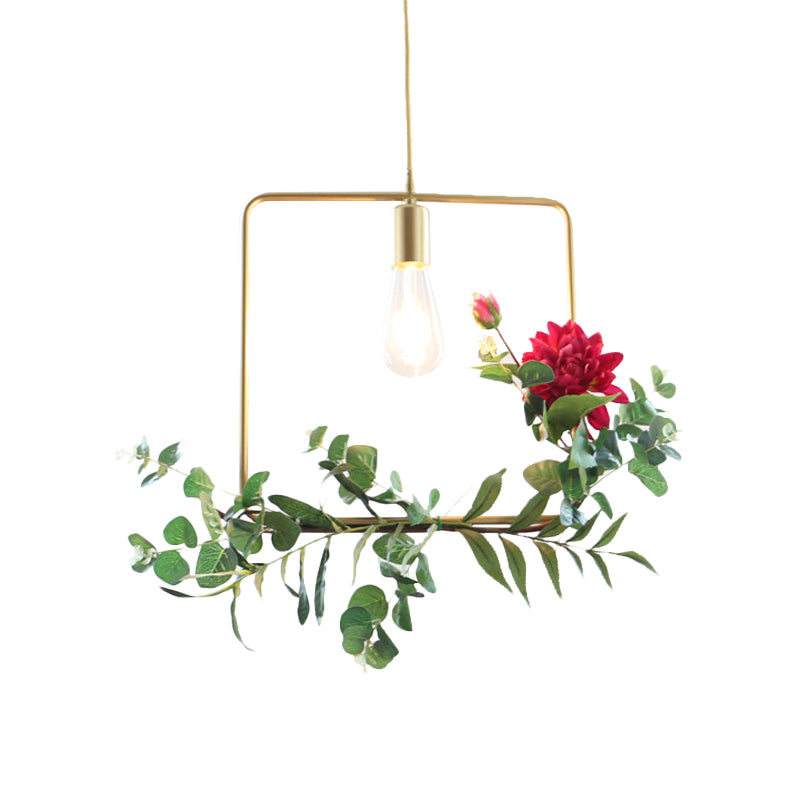 Gold 1 Bulb Drop Pendant Farm Iron Triangle/Square/Rectangle Frame Suspension Lighting with Fake Rose Clearhalo 'Art Deco Pendants' 'Cast Iron' 'Ceiling Lights' 'Ceramic' 'Crystal' 'Industrial Pendants' 'Industrial' 'Metal' 'Middle Century Pendants' 'Pendant Lights' 'Pendants' 'Tiffany' Lighting' 784851