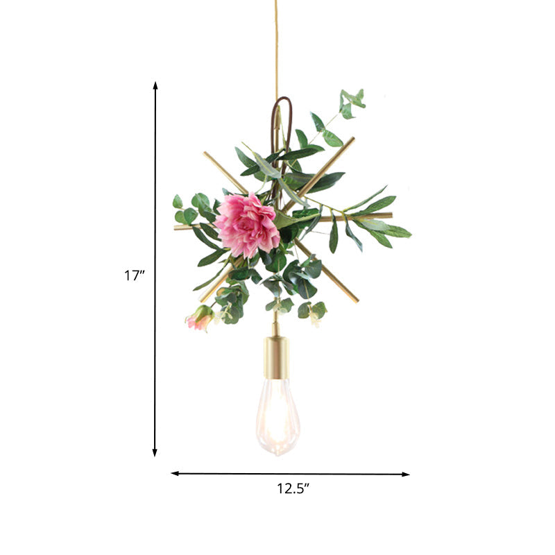 1-Light Metallic Hanging Pendant Loft Style Champagne Triangle/Round/Square Living Room Ceiling Light with Artificial Flower Deco Clearhalo 'Art Deco Pendants' 'Cast Iron' 'Ceiling Lights' 'Ceramic' 'Crystal' 'Industrial Pendants' 'Industrial' 'Metal' 'Middle Century Pendants' 'Pendant Lights' 'Pendants' 'Tiffany' Lighting' 784876