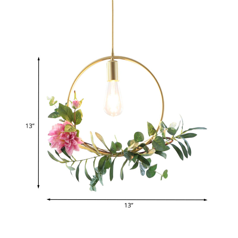 1-Light Metallic Hanging Pendant Loft Style Champagne Triangle/Round/Square Living Room Ceiling Light with Artificial Flower Deco Clearhalo 'Art Deco Pendants' 'Cast Iron' 'Ceiling Lights' 'Ceramic' 'Crystal' 'Industrial Pendants' 'Industrial' 'Metal' 'Middle Century Pendants' 'Pendant Lights' 'Pendants' 'Tiffany' Lighting' 784881