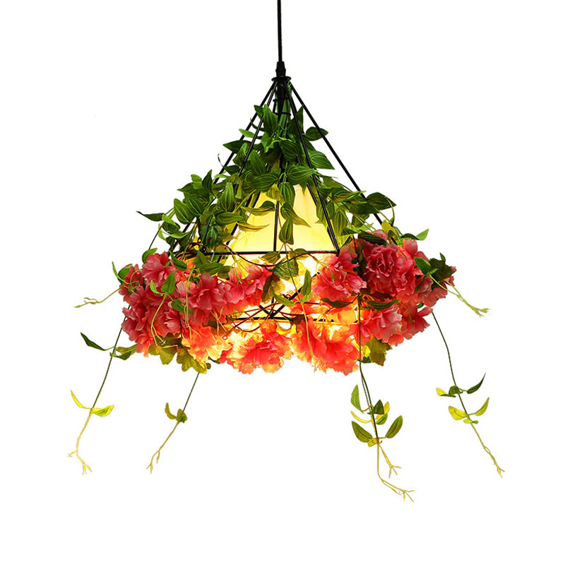15"/18" W Green Diamond Cage Pendant Light Vintage Metal 1 Light Dining Room Fabric Ceiling Lamp with Artificial Art Plant Clearhalo 'Art Deco Pendants' 'Cast Iron' 'Ceiling Lights' 'Ceramic' 'Crystal' 'Industrial Pendants' 'Industrial' 'Metal' 'Middle Century Pendants' 'Pendant Lights' 'Pendants' 'Tiffany' Lighting' 784903