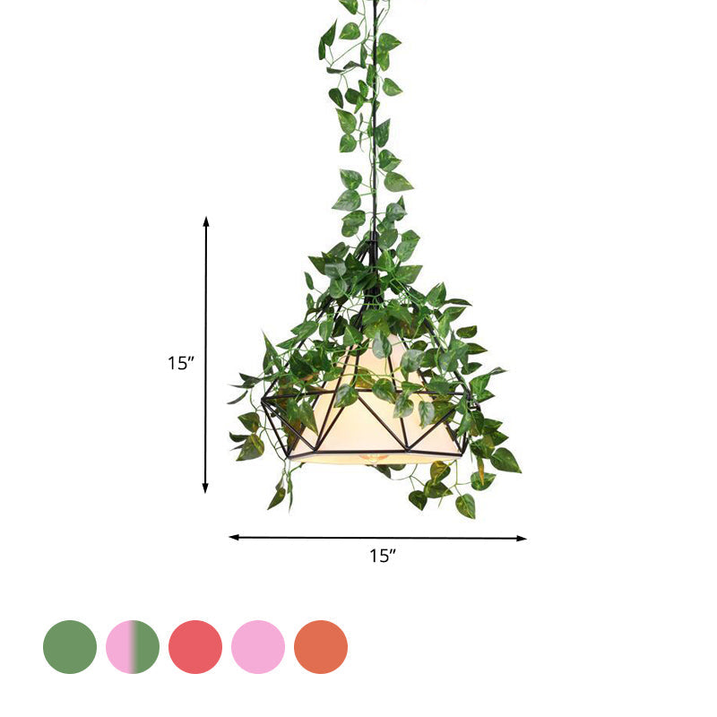 1 Bulb Diamond Cage Ceiling Pendant Farmhouse Red/Pink/Green Metal Suspension Light with Fabric Shade and Fake Flower/Leaf Deco Clearhalo 'Art Deco Pendants' 'Cast Iron' 'Ceiling Lights' 'Ceramic' 'Crystal' 'Industrial Pendants' 'Industrial' 'Metal' 'Middle Century Pendants' 'Pendant Lights' 'Pendants' 'Tiffany' Lighting' 784913