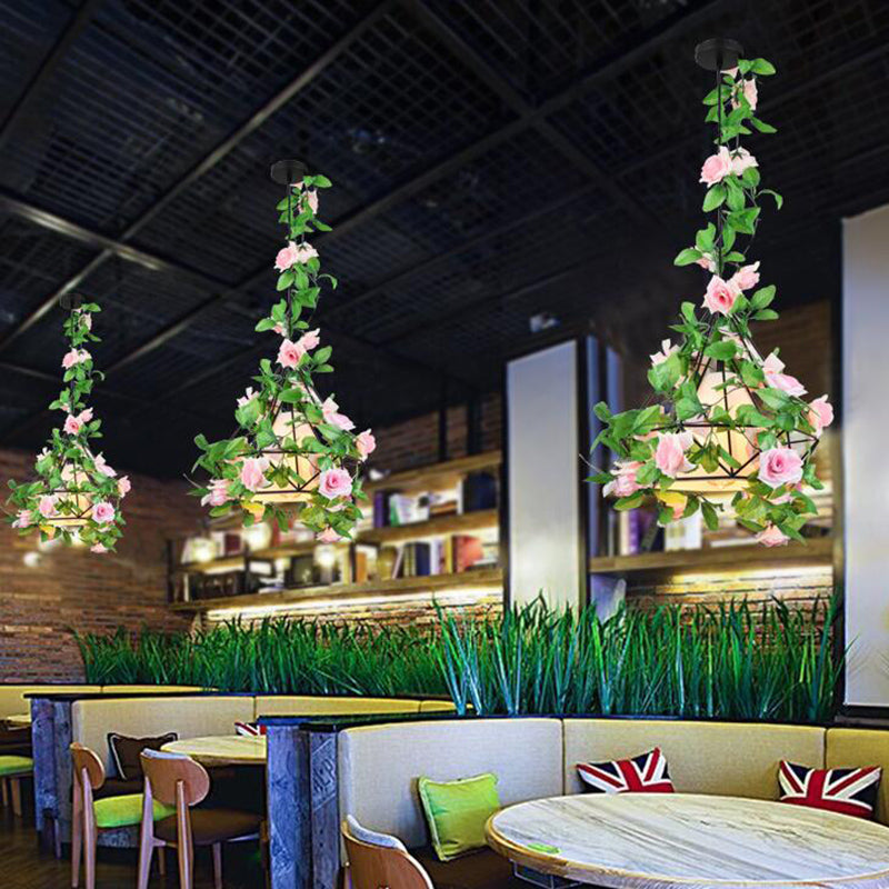 1 Bulb Diamond Cage Ceiling Pendant Farmhouse Red/Pink/Green Metal Suspension Light with Fabric Shade and Fake Flower/Leaf Deco Clearhalo 'Art Deco Pendants' 'Cast Iron' 'Ceiling Lights' 'Ceramic' 'Crystal' 'Industrial Pendants' 'Industrial' 'Metal' 'Middle Century Pendants' 'Pendant Lights' 'Pendants' 'Tiffany' Lighting' 784915