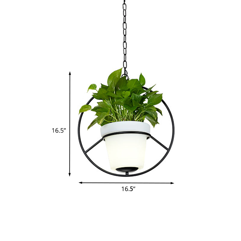 Metal Black Hanging Pendant Light Round/Flower Frame 1 Bulb Farmhouse Ceiling Lamp with Bucket Planter Clearhalo 'Art Deco Pendants' 'Black' 'Cast Iron' 'Ceiling Lights' 'Ceramic' 'Crystal' 'Industrial Pendants' 'Industrial' 'Metal' 'Middle Century Pendants' 'Pendant Lights' 'Pendants' 'Rustic Pendants' 'Tiffany' Lighting' 784961