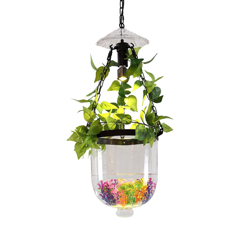 Cloche Dining Room Pendant Light Warehouse Clear Glass 1 Head Black Finish Suspension Lighting with Urn Plant Pot Deco Clearhalo 'Art Deco Pendants' 'Cast Iron' 'Ceiling Lights' 'Ceramic' 'Crystal' 'Industrial Pendants' 'Industrial' 'Metal' 'Middle Century Pendants' 'Pendant Lights' 'Pendants' 'Tiffany' Lighting' 784987