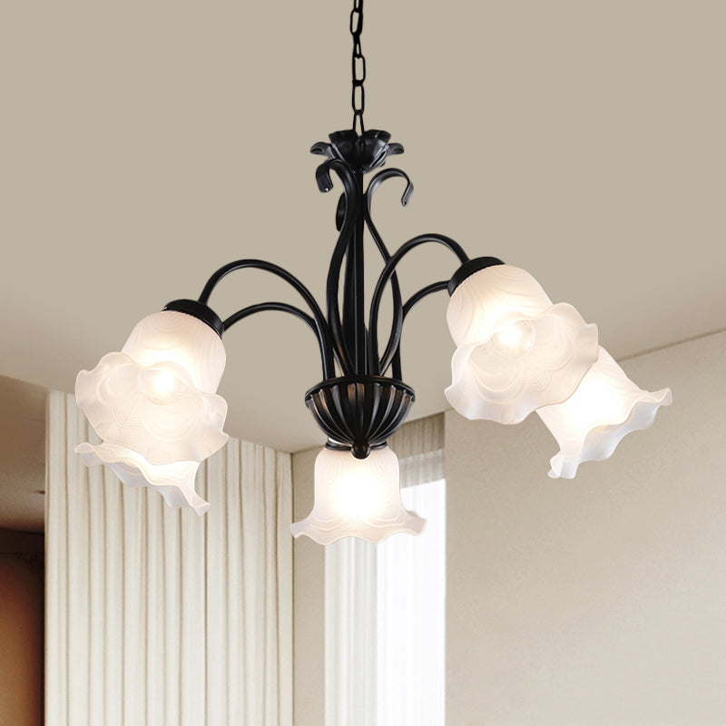 Country Floral Chandelier Lamp 5/6/8 Heads Frosted Glass Pendant Light Fixture in Black with Twisted Arm Clearhalo 'Ceiling Lights' 'Chandeliers' Lighting' options 785007