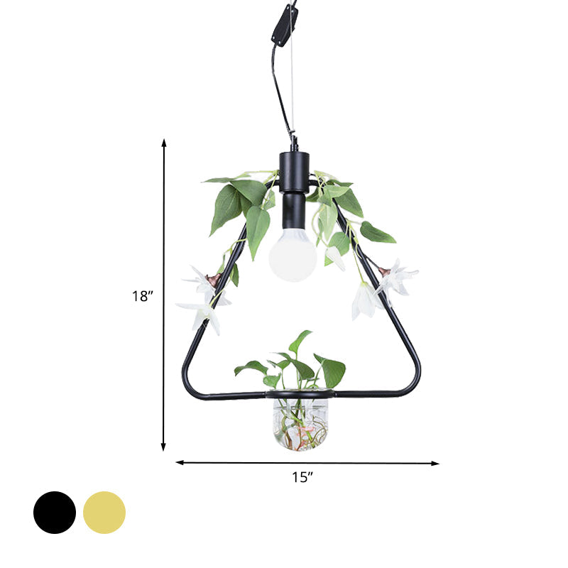 1 Light Pendant Lamp Farmhouse Triangle/Round/Square Frame Metal Hanging Ceiling Light in Black/Gold with Plant Pot and Fake Flower Vine Clearhalo 'Art Deco Pendants' 'Black' 'Cast Iron' 'Ceiling Lights' 'Ceramic' 'Crystal' 'Industrial Pendants' 'Industrial' 'Metal' 'Middle Century Pendants' 'Pendant Lights' 'Pendants' 'Rustic Pendants' 'Tiffany' Lighting' 785034