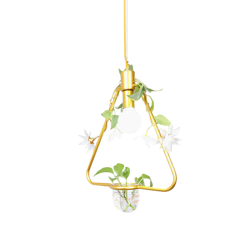 1 Light Pendant Lamp Farmhouse Triangle/Round/Square Frame Metal Hanging Ceiling Light in Black/Gold with Plant Pot and Fake Flower Vine Clearhalo 'Art Deco Pendants' 'Black' 'Cast Iron' 'Ceiling Lights' 'Ceramic' 'Crystal' 'Industrial Pendants' 'Industrial' 'Metal' 'Middle Century Pendants' 'Pendant Lights' 'Pendants' 'Rustic Pendants' 'Tiffany' Lighting' 785038