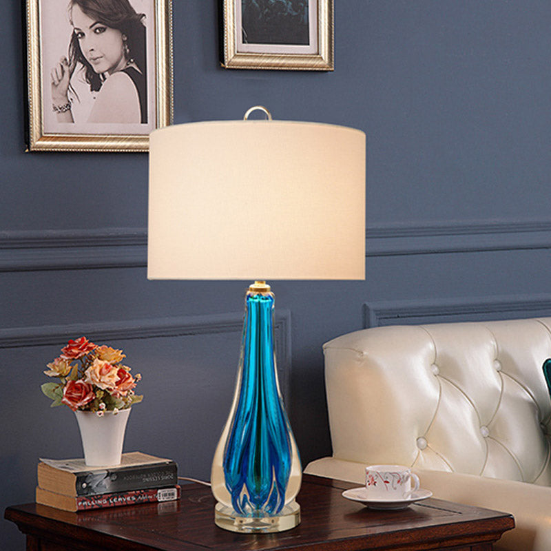 Fabric White Table Lamp Cylinder 1-Light Traditional Night Light with Blue/Gold Vase Base Blue Clearhalo 'Lamps' 'Table Lamps' Lighting' 785068