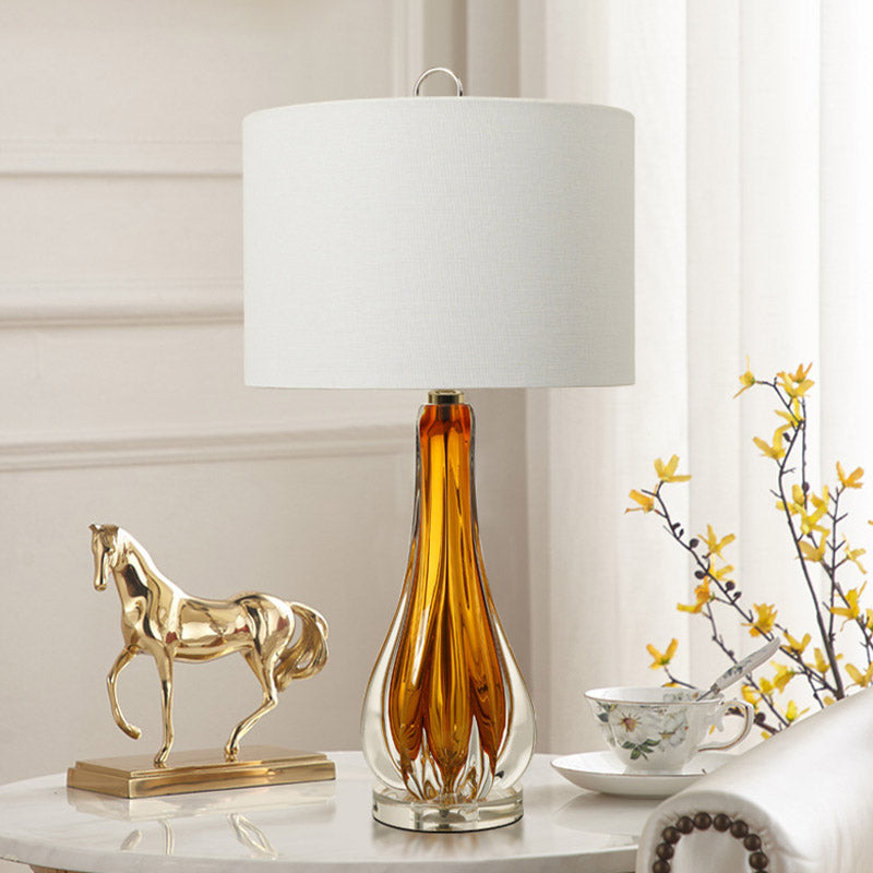 Fabric White Table Lamp Cylinder 1-Light Traditional Night Light with Blue/Gold Vase Base Clearhalo 'Lamps' 'Table Lamps' Lighting' 785073