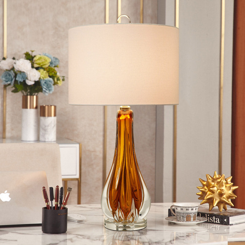 Fabric White Table Lamp Cylinder 1-Light Traditional Night Light with Blue/Gold Vase Base Clearhalo 'Lamps' 'Table Lamps' Lighting' 785074