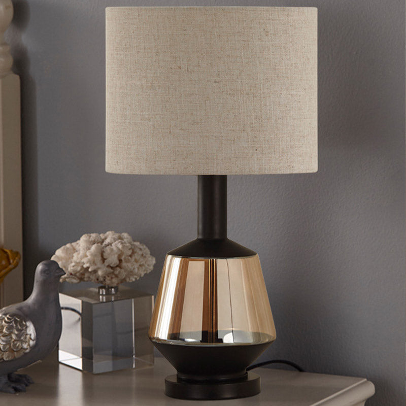 Cylinder Bedroom Nightstand Light Country Fabric 1-Bulb White/Beige Night Lamp with Urn Amber Glass Base Clearhalo 'Lamps' 'Table Lamps' Lighting' 785130
