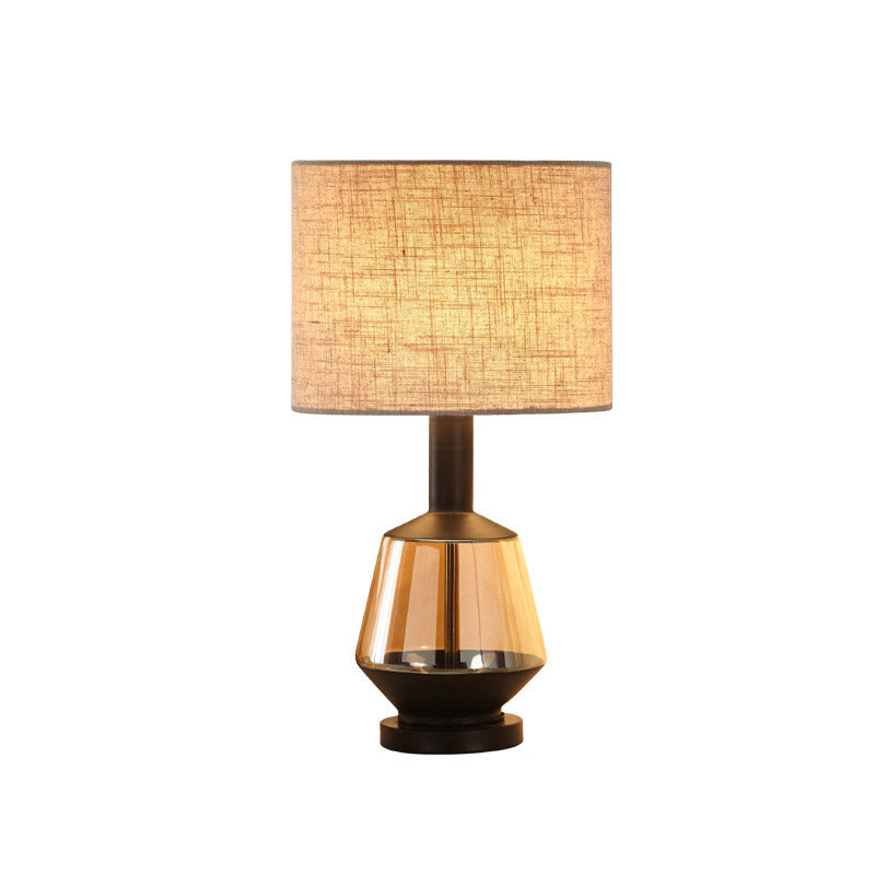 Cylinder Bedroom Nightstand Light Country Fabric 1-Bulb White/Beige Night Lamp with Urn Amber Glass Base Clearhalo 'Lamps' 'Table Lamps' Lighting' 785131