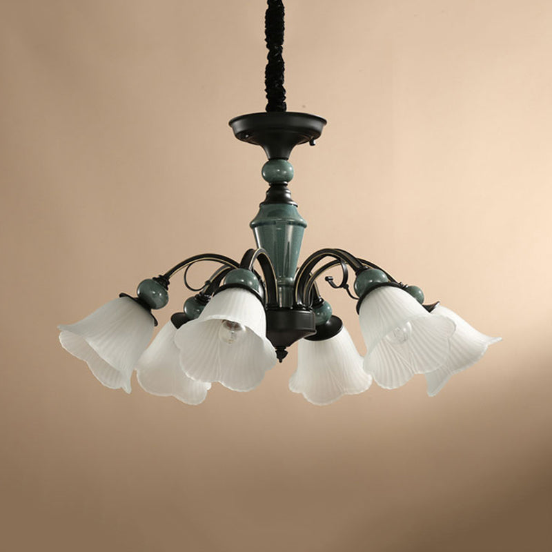 Curved Arm Living Room Pendant Lamp Country Metallic 5/6-Bulb Black Finish Chandelier Light with Flower Frosted Glass Shade Clearhalo 'Ceiling Lights' 'Chandeliers' Lighting' options 785144