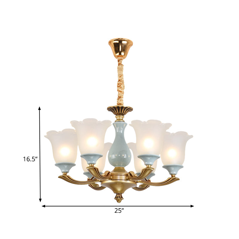 Gold 6 Bulbs Pendant Lighting Rural Style Frosted Glass Flower Ceiling Chandelier for Dining Room Clearhalo 'Ceiling Lights' 'Chandeliers' Lighting' options 785158