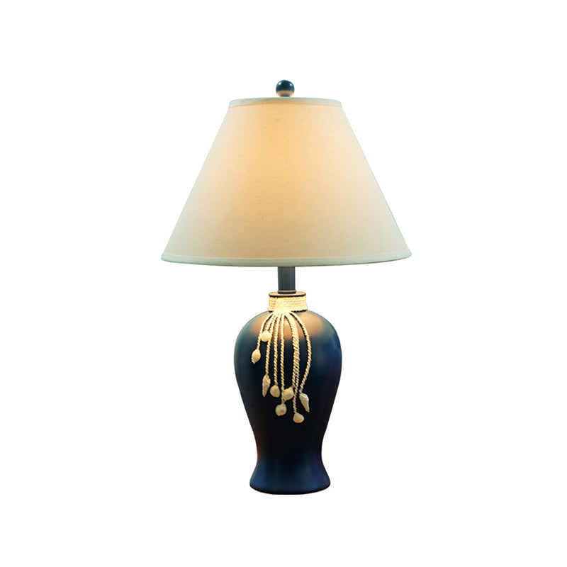 1-Light Fabric Night Lamp Rustic White Conic Bedroom Nightstand Light with Blue Ceramic Bottle Base Clearhalo 'Lamps' 'Table Lamps' Lighting' 785295
