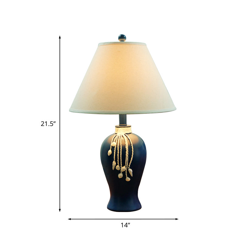 1-Light Fabric Night Lamp Rustic White Conic Bedroom Nightstand Light with Blue Ceramic Bottle Base Clearhalo 'Lamps' 'Table Lamps' Lighting' 785296