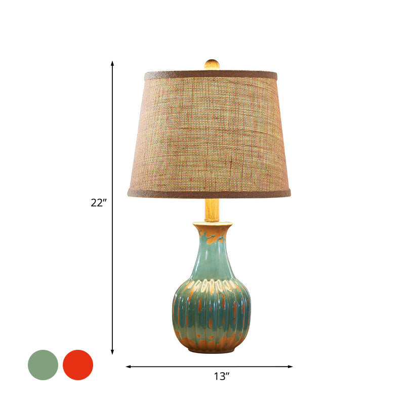 1 Light Ceramic Night Light Rural Style Red/Blue Vase Bedroom Nightstand Lamp with Tapered Drum Fabric Shade Clearhalo 'Lamps' 'Table Lamps' Lighting' 785300