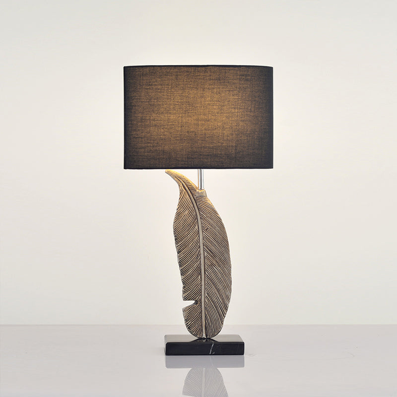 1-Bulb Night Table Lighting Classic Drum Shade Fabric Nightstand Lamp in Black with Feather Base Clearhalo 'Lamps' 'Table Lamps' Lighting' 785324