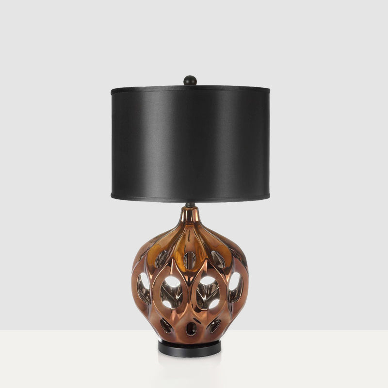 Ceramic Hollowed Out Jar Nightstand Lamp Retro 1-Bulb Bedroom Table Lighting in Gold/Rose Gold with Black Drum Shade Rose Gold Clearhalo 'Lamps' 'Table Lamps' Lighting' 785335