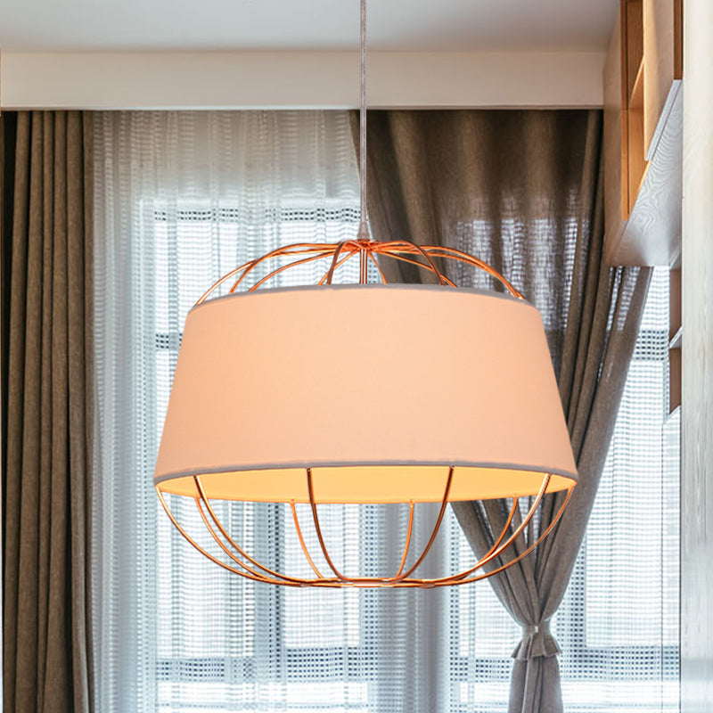 1 Bulb Pendant Light Kit Country Tapered Drum Fabric Hanging Lamp in White/Black with Wire Cage Clearhalo 'Ceiling Lights' 'Pendant Lights' 'Pendants' Lighting' 785434