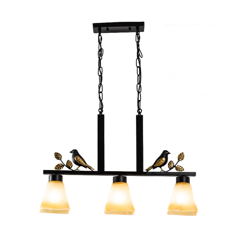 3 Heads Tan Glass Island Light Pendant Traditional Black Finish Bell Dining Room Ceiling Lamp with Bird Deco Clearhalo 'Ceiling Lights' 'Island Lights' Lighting' 785457