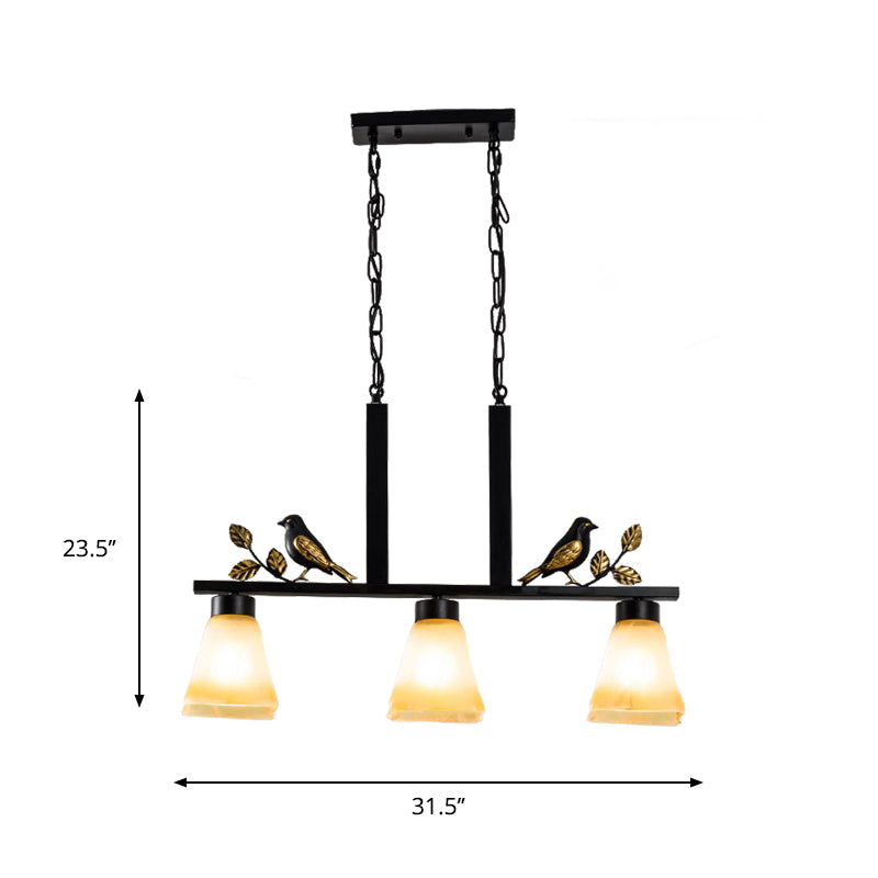 3 Heads Tan Glass Island Light Pendant Traditional Black Finish Bell Dining Room Ceiling Lamp with Bird Deco Clearhalo 'Ceiling Lights' 'Island Lights' Lighting' 785458
