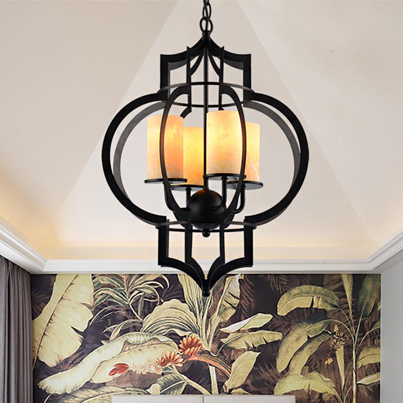 4 Lights Lantern Frame Pendant Lamp Countryside Black Finish Metallic Chandelier Lighting Black Clearhalo 'Ceiling Lights' 'Chandeliers' Lighting' options 785479_8855c8bc-f445-4a08-8259-e874f9e1bd5b