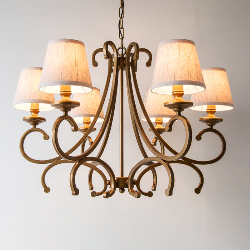 Fabric Brass Chandelier Pendant Light Conic 3/6-Light Country Ceiling Suspension Lamp with Swooping Arm Clearhalo 'Ceiling Lights' 'Chandeliers' Lighting' options 785622