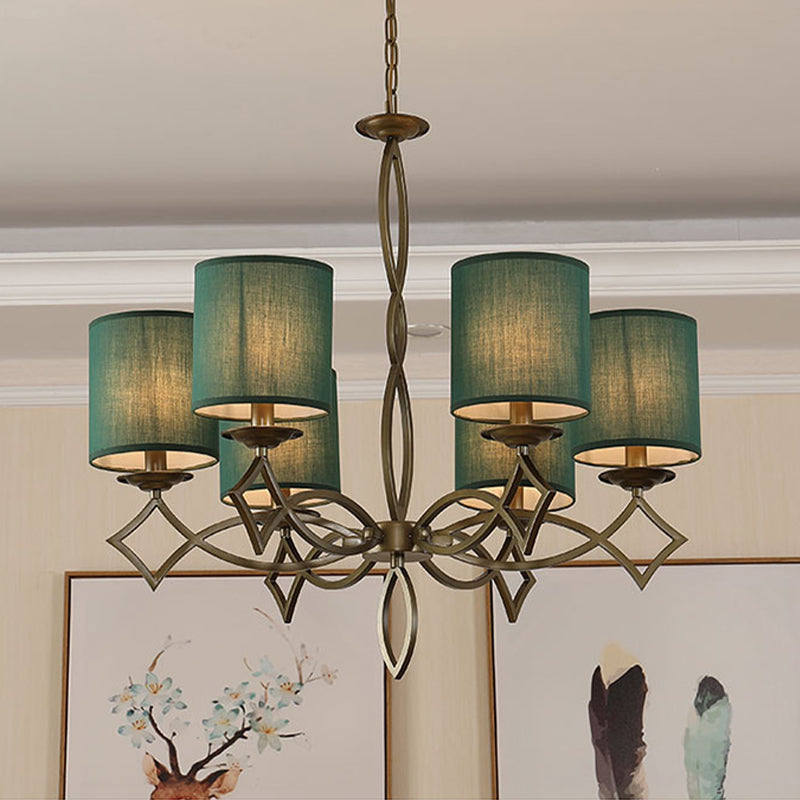 6-Light Chandelier Lamp Rural Style Drum Shade Fabric Pendant Light Fixture in White/Beige/Green with Metal Twisted Arm Clearhalo 'Ceiling Lights' 'Chandeliers' Lighting' options 785654