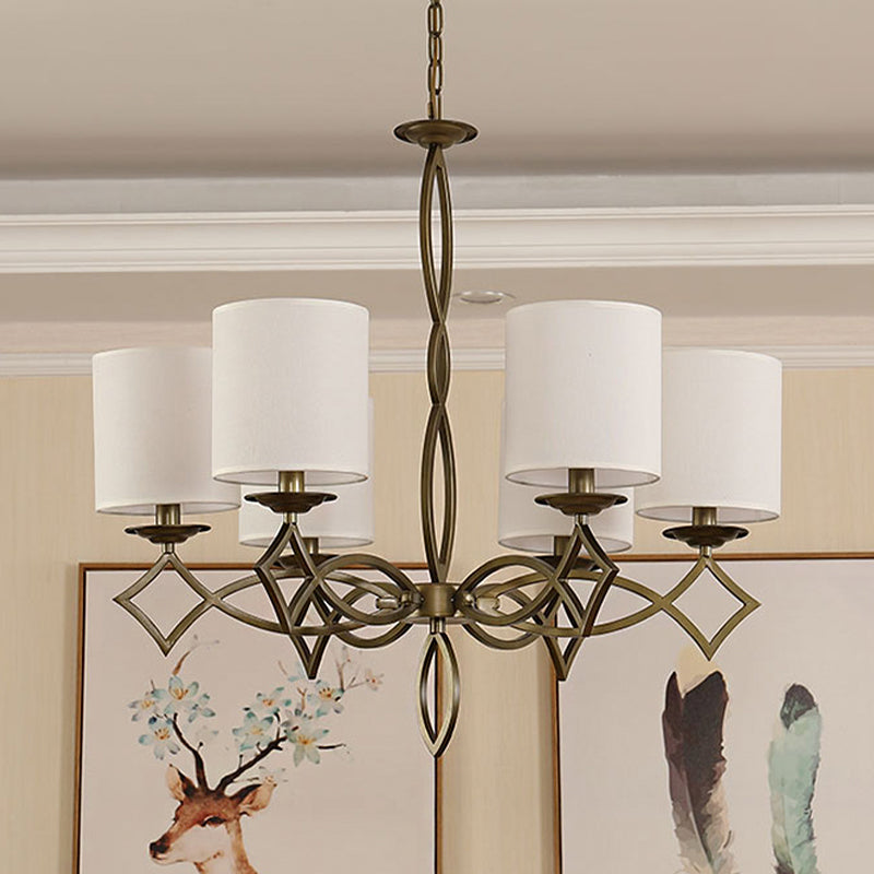 6-Light Chandelier Lamp Rural Style Drum Shade Fabric Pendant Light Fixture in White/Beige/Green with Metal Twisted Arm White Clearhalo 'Ceiling Lights' 'Chandeliers' Lighting' options 785658_bb3588fc-c0a8-451a-b66c-db696c0f8d14