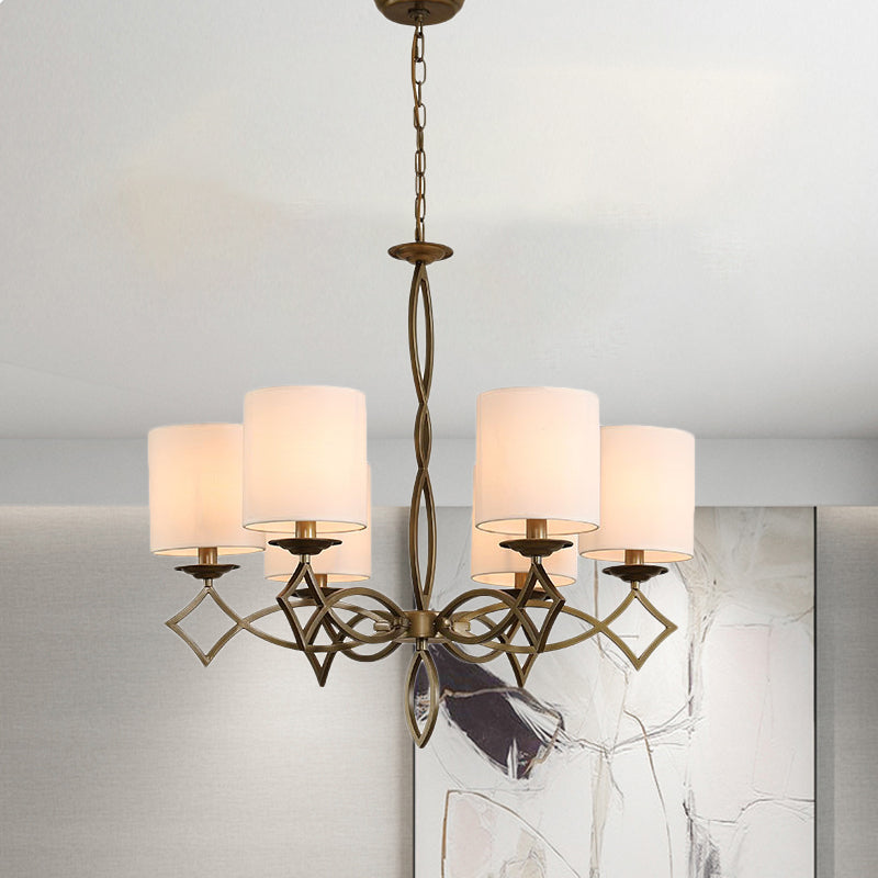 6-Light Chandelier Lamp Rural Style Drum Shade Fabric Pendant Light Fixture in White/Beige/Green with Metal Twisted Arm Clearhalo 'Ceiling Lights' 'Chandeliers' Lighting' options 785659