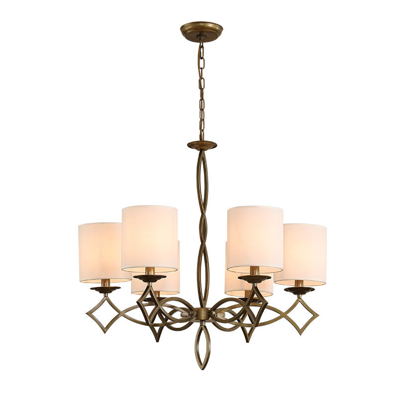 6-Light Chandelier Lamp Rural Style Drum Shade Fabric Pendant Light Fixture in White/Beige/Green with Metal Twisted Arm Clearhalo 'Ceiling Lights' 'Chandeliers' Lighting' options 785660