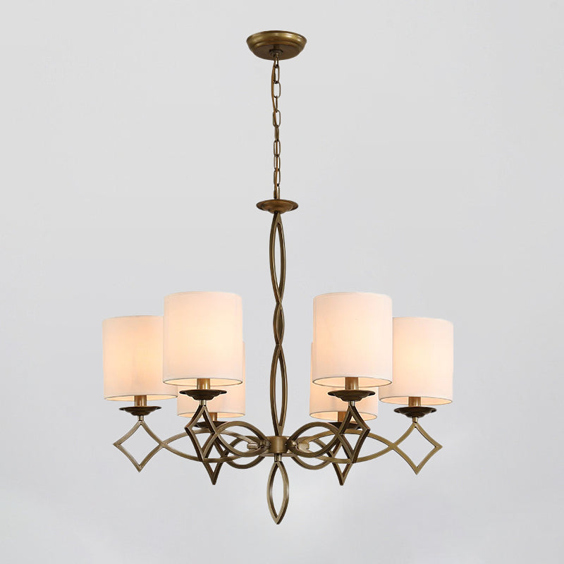 6-Light Chandelier Lamp Rural Style Drum Shade Fabric Pendant Light Fixture in White/Beige/Green with Metal Twisted Arm Clearhalo 'Ceiling Lights' 'Chandeliers' Lighting' options 785661