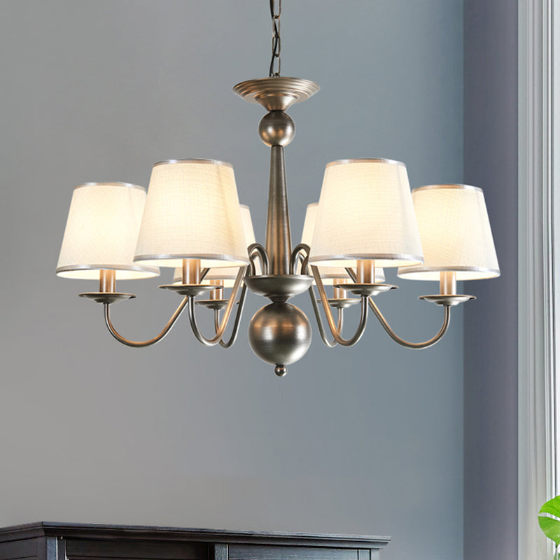 Metal Silver/Blue/White and Silver Hanging Light Curving Arm 6 Lights Rustic Pendant Chandelier with Cone Fabric Shade Blue Clearhalo 'Ceiling Lights' 'Chandeliers' Lighting' options 785720_23a9ad78-5c58-4c3b-85be-0e6bc26cbcb1