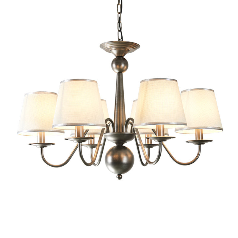 Metal Silver/Blue/White and Silver Hanging Light Curving Arm 6 Lights Rustic Pendant Chandelier with Cone Fabric Shade Clearhalo 'Ceiling Lights' 'Chandeliers' Lighting' options 785721