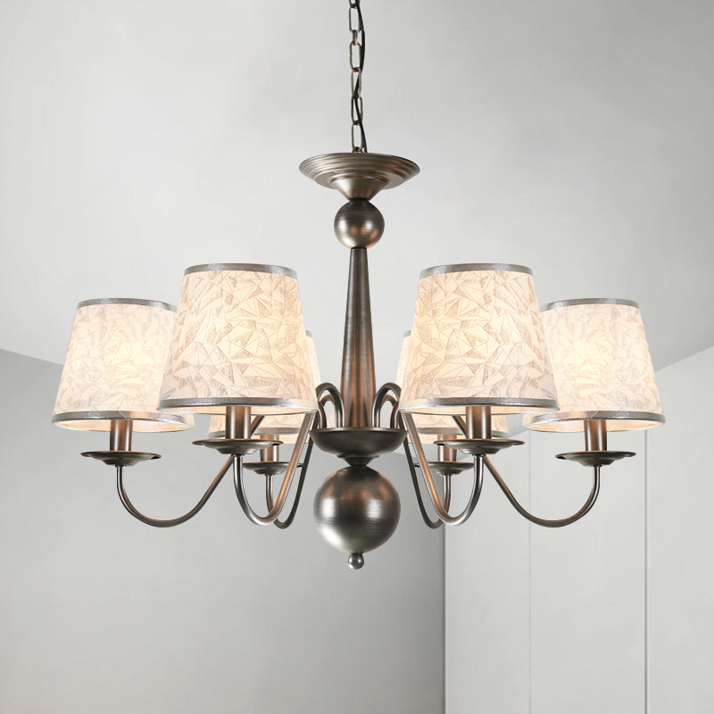 Metal Silver/Blue/White and Silver Hanging Light Curving Arm 6 Lights Rustic Pendant Chandelier with Cone Fabric Shade White-Silver Clearhalo 'Ceiling Lights' 'Chandeliers' Lighting' options 785724_63d077c9-eb2d-47d9-b403-9ab82ec48463