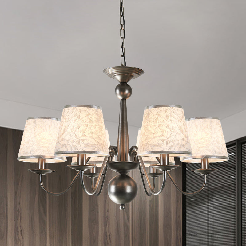 Metal Silver/Blue/White and Silver Hanging Light Curving Arm 6 Lights Rustic Pendant Chandelier with Cone Fabric Shade Clearhalo 'Ceiling Lights' 'Chandeliers' Lighting' options 785725