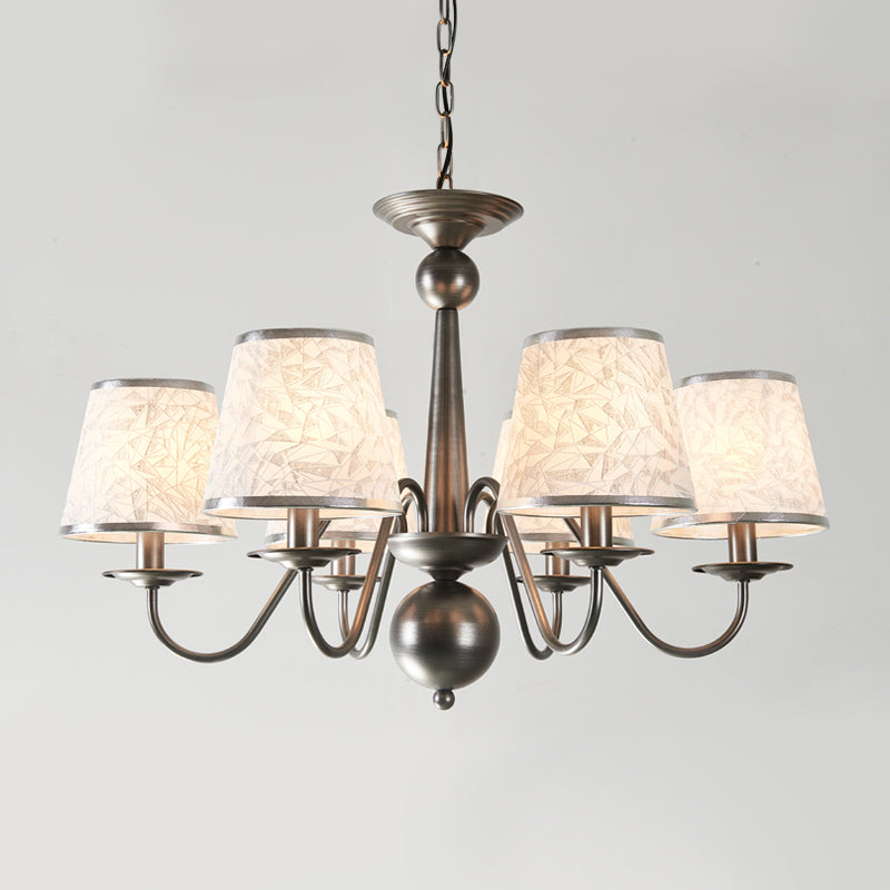 Metal Silver/Blue/White and Silver Hanging Light Curving Arm 6 Lights Rustic Pendant Chandelier with Cone Fabric Shade Clearhalo 'Ceiling Lights' 'Chandeliers' Lighting' options 785727