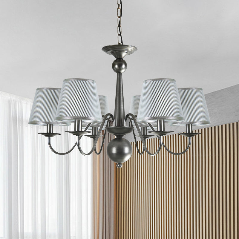 Metal Silver/Blue/White and Silver Hanging Light Curving Arm 6 Lights Rustic Pendant Chandelier with Cone Fabric Shade Clearhalo 'Ceiling Lights' 'Chandeliers' Lighting' options 785729