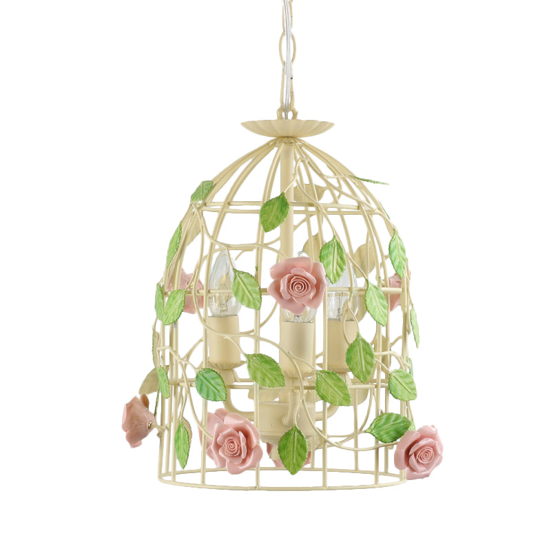 Iron Beige Drop Lamp Rose Vine Wrapped Around Birdcage 3-Light Countryside Chandelier Light Fixture Clearhalo 'Ceiling Lights' 'Chandeliers' Lighting' options 785736