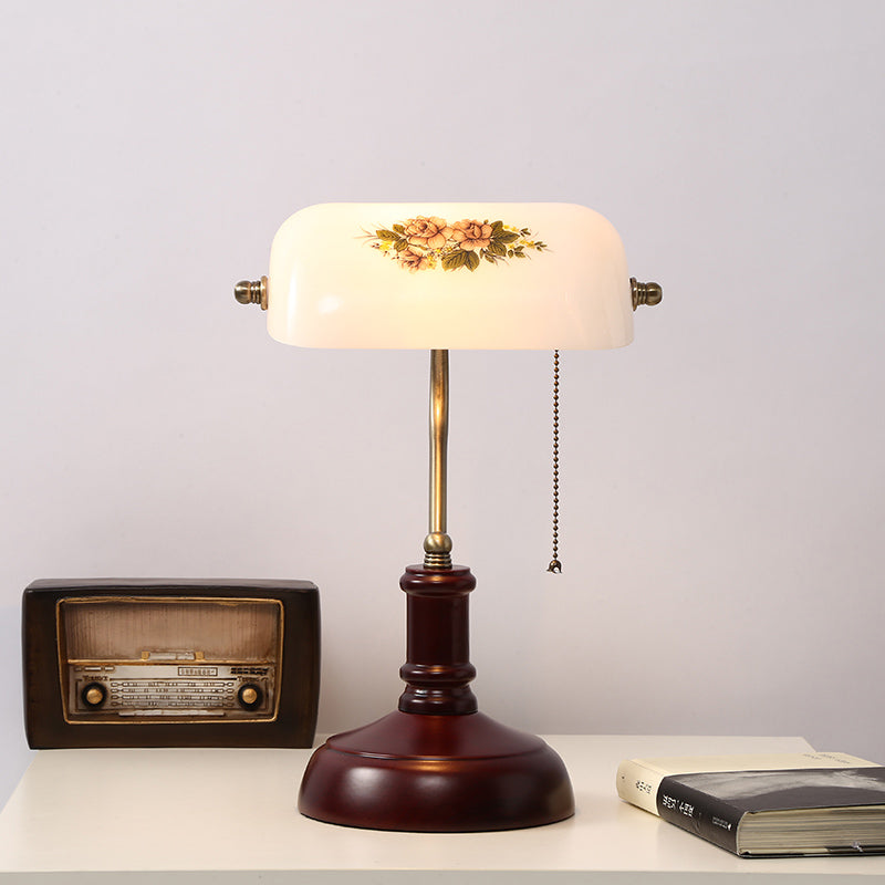 Single Half Oblong Pull-Chain Table Lamp Pastoral Style White Glass Night Stand Light for Bedside White Clearhalo 'Lamps' 'Table Lamps' Lighting' 785887