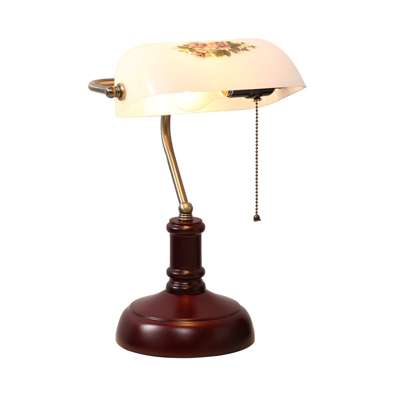 Single Half Oblong Pull-Chain Table Lamp Pastoral Style White Glass Night Stand Light for Bedside Clearhalo 'Lamps' 'Table Lamps' Lighting' 785889