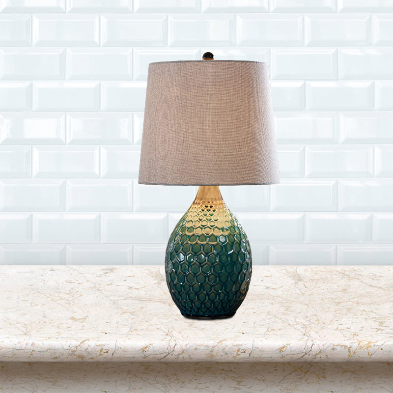 Fabric Silver Grey/Beige Table Lighting Barrel 1 Head Rustic Night Stand Lamp with Oval Ceramic Pedestal Clearhalo 'Lamps' 'Table Lamps' Lighting' 786117
