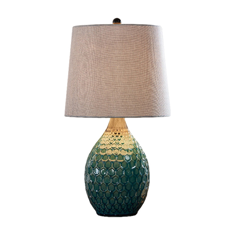 Fabric Silver Grey/Beige Table Lighting Barrel 1 Head Rustic Night Stand Lamp with Oval Ceramic Pedestal Clearhalo 'Lamps' 'Table Lamps' Lighting' 786118