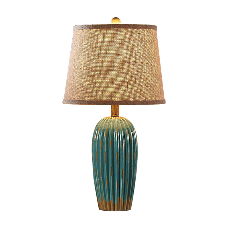 Red/Blue 1-Light Nightstand Lamp Rural Ceramic Ribbed Pottery Table Light with Tapered Drum Fabric Shade Clearhalo 'Lamps' 'Table Lamps' Lighting' 786145