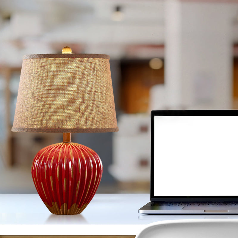 Red/Blue 1-Light Nightstand Lamp Rural Ceramic Ribbed Pottery Table Light with Tapered Drum Fabric Shade Clearhalo 'Lamps' 'Table Lamps' Lighting' 786157