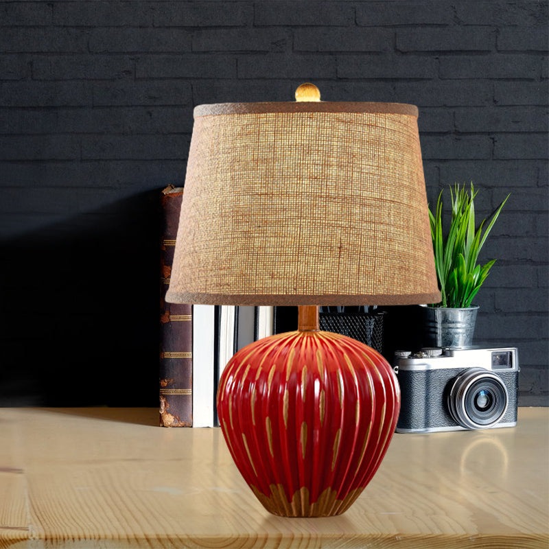 Red/Blue 1-Light Nightstand Lamp Rural Ceramic Ribbed Pottery Table Light with Tapered Drum Fabric Shade Clearhalo 'Lamps' 'Table Lamps' Lighting' 786158