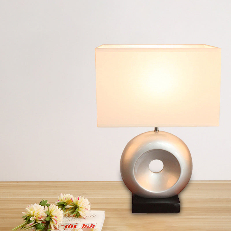 Resin Silver/Black Table Light Circle 1 Bulb Transitional Nightstand Light with Rectangle/Drum Fabric Shade Silver Rectangle Clearhalo 'Lamps' 'Table Lamps' Lighting' 786326