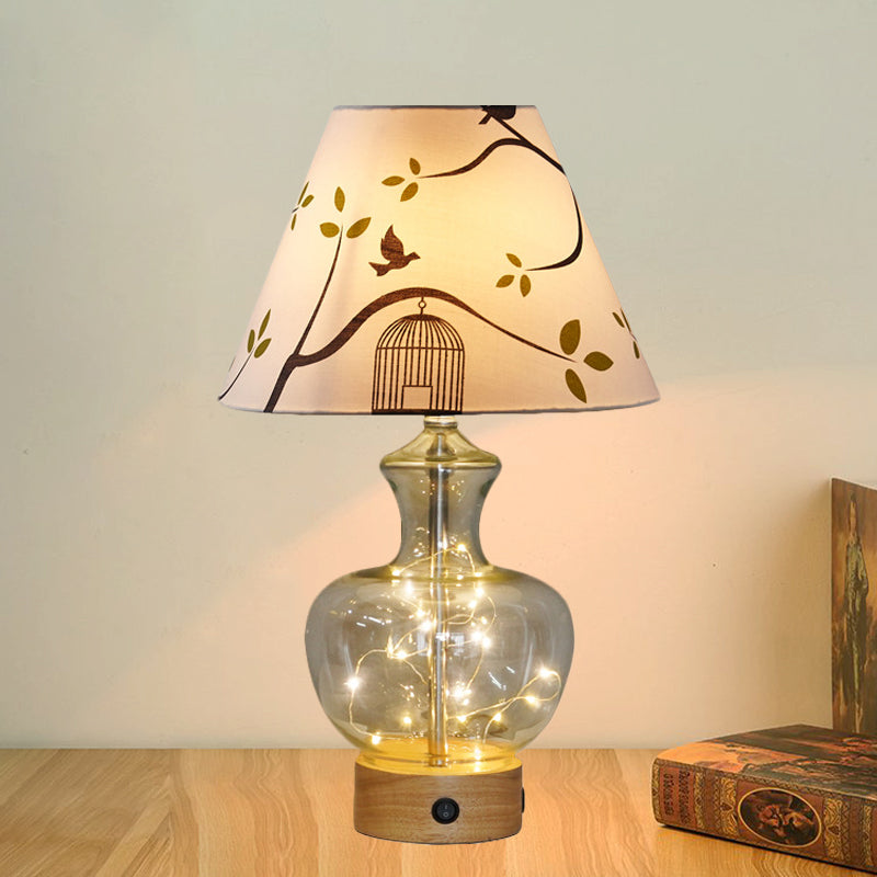 Clear Glass Urn/Diamond Night Lamp Contemporary 1-Bulb Bedroom Table Light with Cone Printing Fabric Shade White B Clearhalo 'Lamps' 'Table Lamps' Lighting' 786408