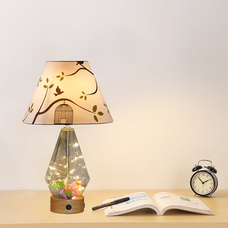 Clear Glass Urn/Diamond Night Lamp Contemporary 1-Bulb Bedroom Table Light with Cone Printing Fabric Shade Clearhalo 'Lamps' 'Table Lamps' Lighting' 786414